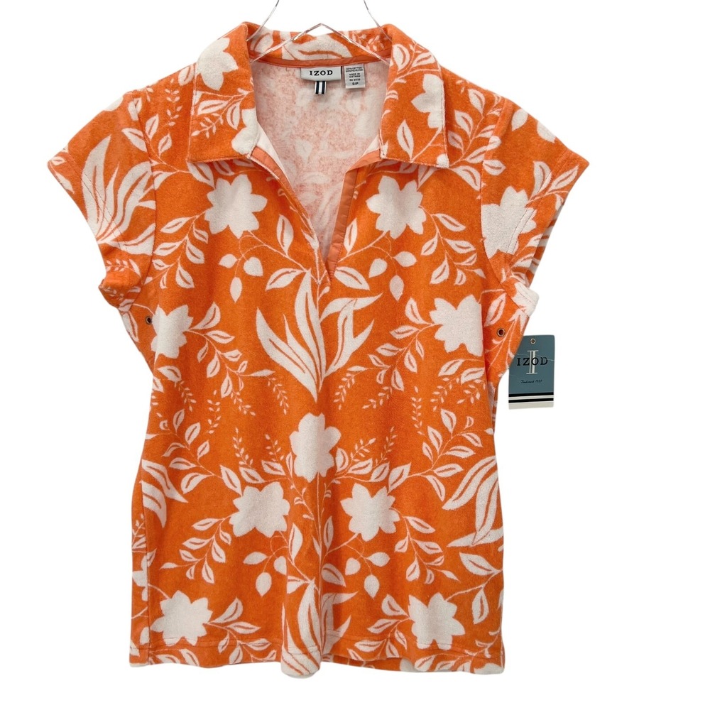 Vintage Y2K IZOD Terry Cloth Polo Sz S Orange Floral Shirt Hamptons II Movement